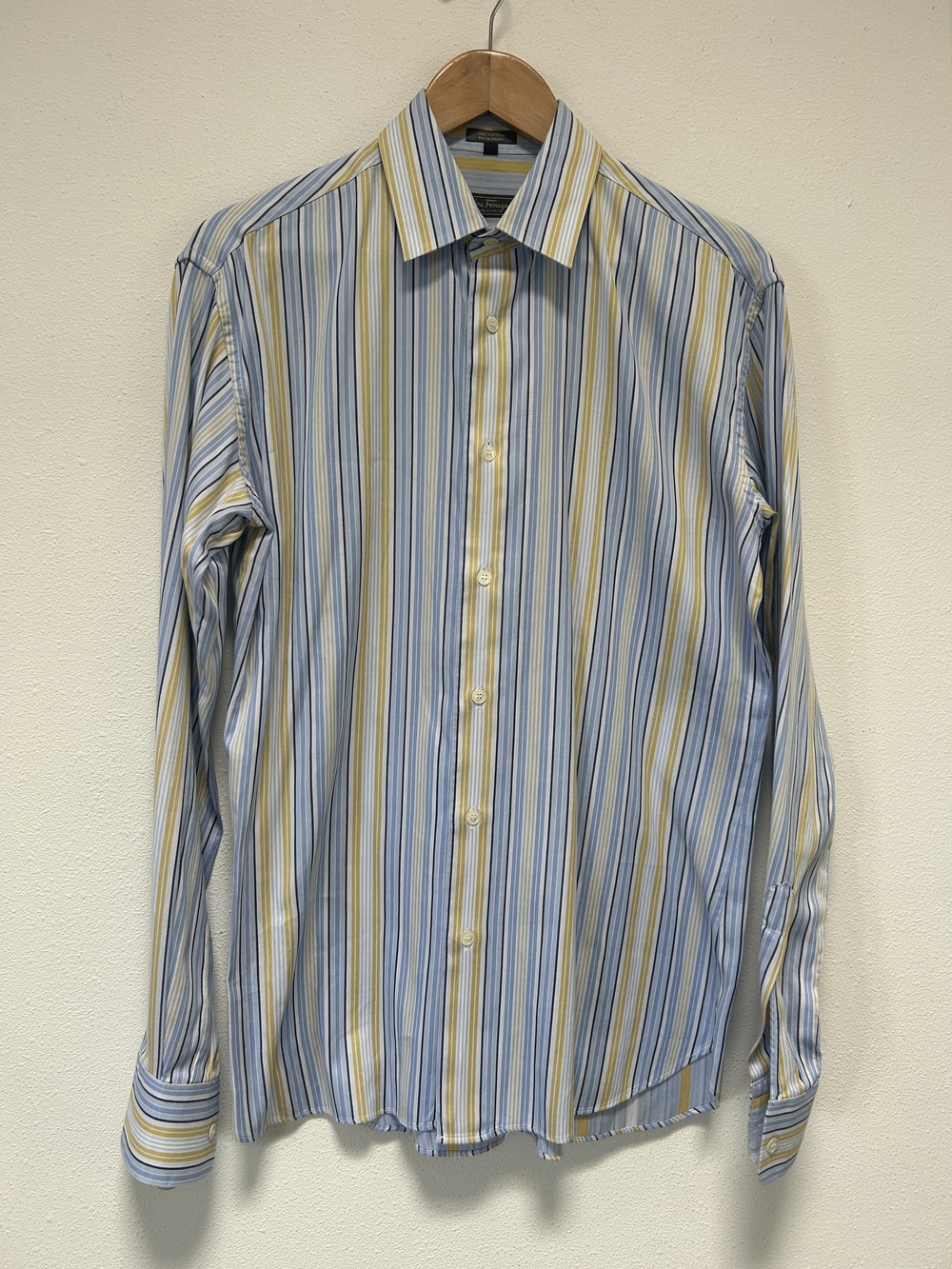 Salvatore Ferragamo Blue and Yellow Striped Dress Shirt